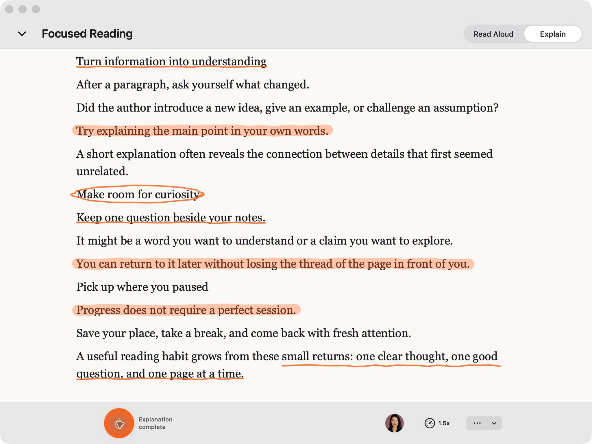 CastReader for Mac in Explain mode, showing real orange highlights, circles and underlines on the original passage