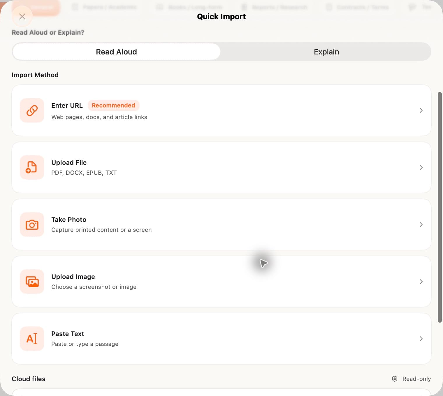 Mac Quick Import panel offering Enter URL, Upload File, Upload Image and Paste Text
