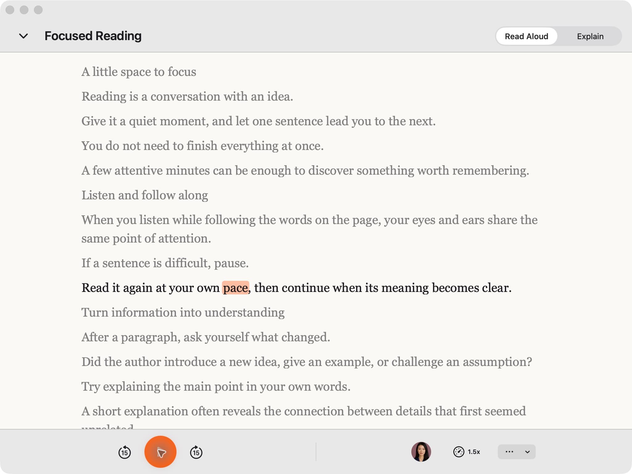 CastReader for Mac reading Focused Reading, with the current word highlighted and playback controls below